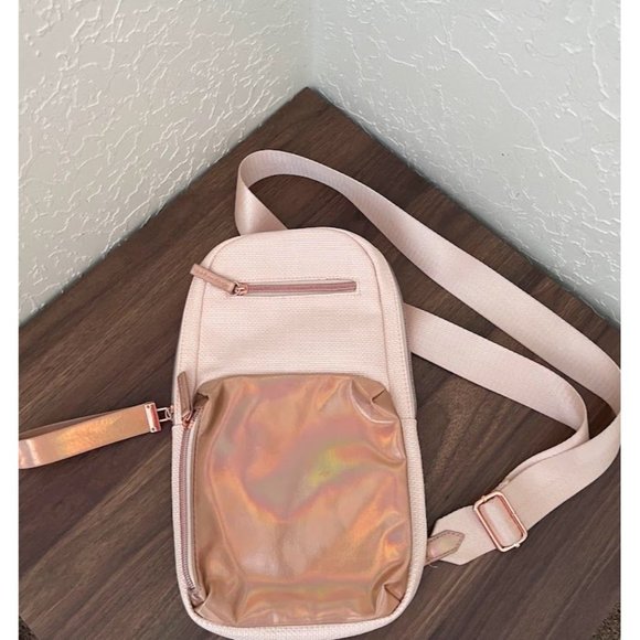 Pink Woven Holographic Mini Crossbody Backpack Bag - Picture 3 of 10